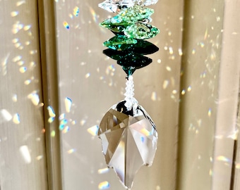 Swarovski 45mm Leaf Crystal Prism with Swarovski Octagons in Medley of Clear and Green Tones, Window Suncatcher - "IVY"