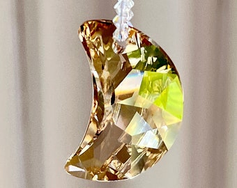 Crystal Moon Suncatcher for Car, Made with Swarovski Crystal Moon in Golden Shadow or Lt. Blue - "LITTLEST MOON"