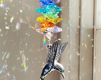 Hummingbird Suncatcher, Made w/ Swarovski Crystals and Pewter Sculpture, Rainbow Maker For Rearview Mirror, Home or Garden Decor -"FLEUR II"