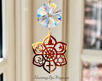COEXIST Swarovski Crystal Suncatcher, Window Hanger for Car or Home Window, Lotus, Harmony, Unity