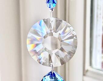 Retired Swarovski Crystal 40mm Clear Sun Disc Prism with Blue Swarovski Crystal Ball, Handmade Suncatcher Minimalist, "HALO II"