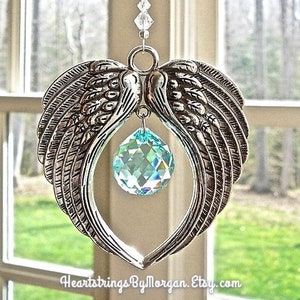 ANGEL WINGS Car Charm Suncatcher, Made with Pewter Wings and Swarovski Crystal Ball and Beads, 12 Crystal Colors