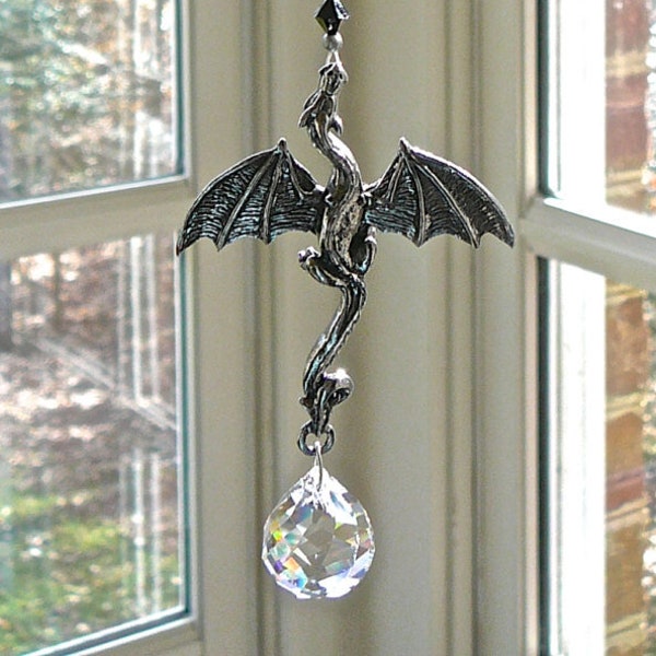 Pewter Dragon Crystal Suncatcher,  Made w/ Swarovski Crystal Ball and Beads in Black and Clear, Rainbow Maker, Ornament - "ONYX"