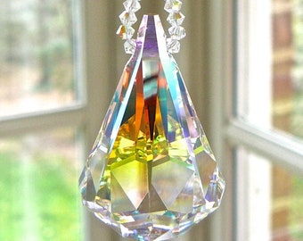 Sonnenfänger, Prisma, 33 mm ""REGENTROPFEN"" vollständig mit Swarovski-Kristall, AB-Autoanhänger bling für Rückspiegel, funkelt bei schwachem Licht