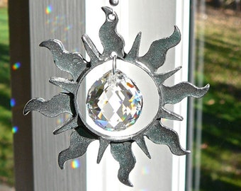 Swarovski Crystal Suncatcher made with Pewter Sun and Swarovski Crystals in Clear or Topaz, Window Prism - "SOL"