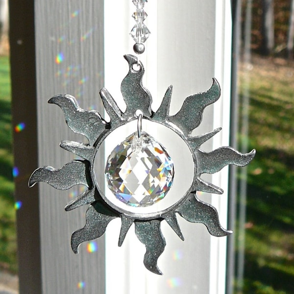 Swarovski Crystal Suncatcher made with Pewter Sun and Swarovski Crystals in Clear or Topaz, Window Prism - "SOL"