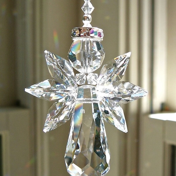 Swarovski Crystal Guardian Angel Suncatcher for Home or Car Mirror, Angel of Protection, in 3 Lengths - "ANGELINA" All Clear