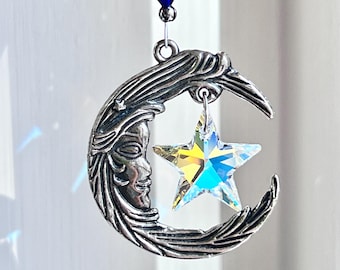 Little Moon and Star Car Charm, Pewter Crescent Moon, Swarovski 20mm (3/4") AB Star, Cobalt Blue and Clear AB Swarovski Beads, 6" Long