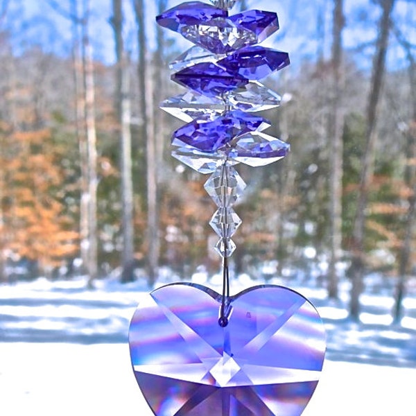Swarovski Purple Heart Suncatcher - Retired 40mm Swarovski Heart Prism with Swarovski Crystal Octagons, Rainbow Maker, Window Hanger -"IRIS"