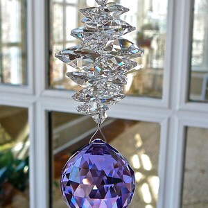 Purple Crystal Ball Suncatcher, Made Entirely with Swarovski Crystals, 30mm Ball (1.2") Topped with Cascade of Crystal Octagons-"CATHERINE"