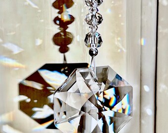 Swarovski Crystal Octagon Suncatcher, Handmade, for Car, Rear View Mirror Charm, Rainbow Maker, "LITTLE OCTAVIA II"