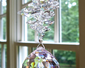 Pink Swarovski Crystal Suncatcher, Prism, With 30mm Light Pink Swarovski Crystal Ball and Clear Swarovski Octagons - "CATHERINE PINK"
