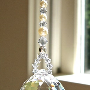 Crystals and Pearls Suncatcher, Light Catcher, Made with a 20mm (1.8&quot;) Logo-Etched Swarovski Crystal Ball, Comes in 14 Colors- &quot;PEARL&quot;