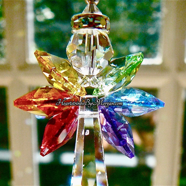 Swarovski Crystal Rainbow Angel Suncatcher, Handmade, For  Home or Car, Guardian Angel - "HOPE",  3 Lengths, Heartstrings by Morgan