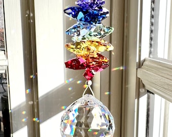 Swarovski Crystal Rainbow Suncatcher Made Entirely with Swarovski Crystals, 30mm Crystal Ball with Rainbow Octagons - "NAMASTE"