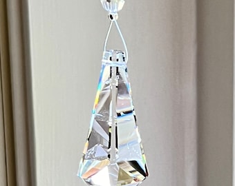 Swarovski Crystal Suncatcher, Rare Vintage Three-sided prism, 50mm (2") Triangle Logo-Etched Car Charm Prism - "ARCADIA"