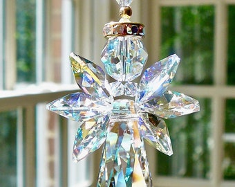 Swarovski Crystal Suncatcher Guardian Angel in AB, Car Charm Angel Ornament, Gold Trimmed "ANGELINA AB" Glistens in all Light
