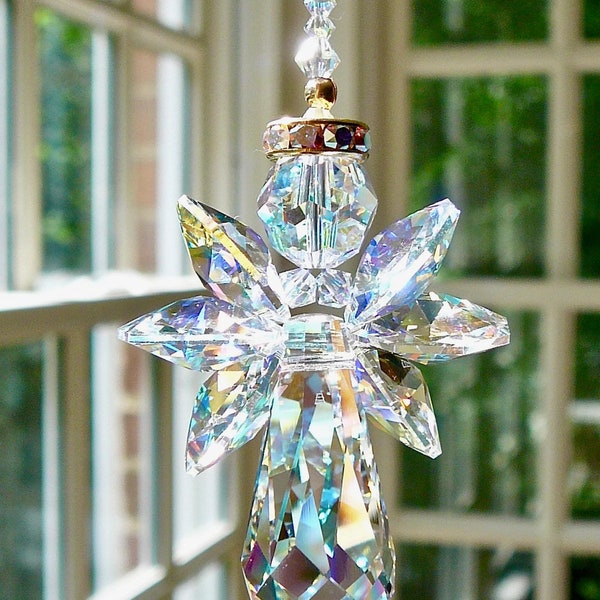 Swarovski Crystal Suncatcher Guardian Angel in AB, Car Charm Angel Ornament, Gold Trimmed "ANGELINA AB" Glistens in all Light