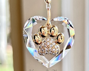 Swarovski Beveled Heart and Gold Rhinestone Paw, Handmade Suncatcher for Rearview Mirror or Home, Rainbow Bridge Pet Memorial