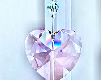 NEW - Beautiful Rainbows! Retired Pink Crystal Heart Suncatcher, Made with Swarovski Heart Pendant and Crystals Window Hanger - "ROSALIE"