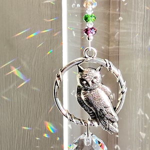 Owl Suncatcher, Prism, Made with Swarovski Crystal Ball and Swarovski Rondelles - Available in 2 Lengths, Car Ornament or Home Window Prism