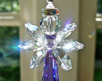 Angel Crystal Suncatcher, Made w/ Swarovski Crystal ,Angel For Your Home or Car Rearview Mirror, "FAITH PURPLE," Choose Your Length