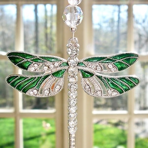Large Green Dragonfly Suncatcher with Rhinestones and Swarovski Crystal Beaded Strand, Car Charm for Rearview Mirror or Home "LIBELLE"