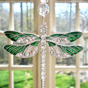 Large Green Dragonfly Suncatcher with Rhinestones and Swarovski Crystal Beaded Strand, Car Charm for Rearview Mirror or Home &quot;LIBELLE&quot;