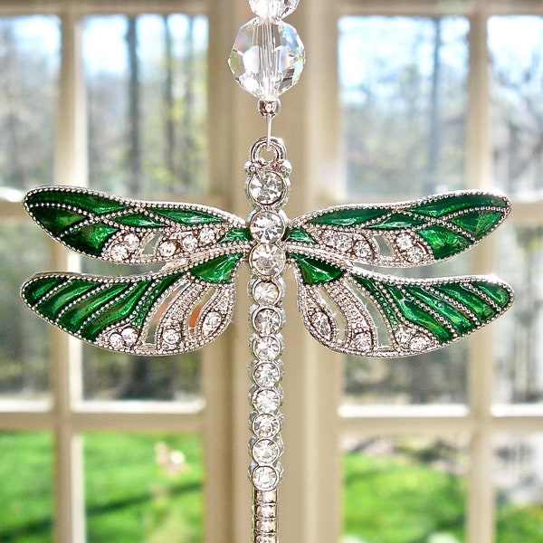 Large Green Dragonfly Suncatcher with Rhinestones and Swarovski Crystal Beaded Strand, Car Charm for Rearview Mirror or Home "LIBELLE"