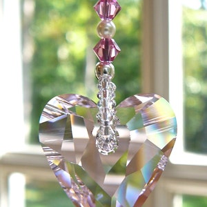 Kleines rosa Herz Suncatcher Prisma, Auto Anhänger, Made mit Swarovski Kristallen - "PINKS and PEARLS"
