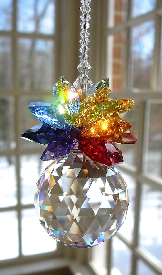 30mm Swarovski Ball Topped with a Cluster of Swarovski Octagons in Rainbow Colors,  Suncatcher, Crystal Pineapple - "OLIVIA GRANDE RAINBOW"
