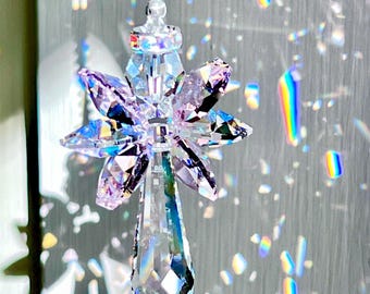 Crystal  Angel Suncatcher with Pink and AB Crystal Wings - Made w/ Swarovski Crystals, Choice of 12 Wing Colors - "GRACE," 3 Lengths