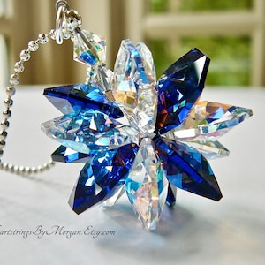 Crystal Cluster Suncatcher Car Charm on Chain, Dark Blue with Clear AB for Rear View Mirror - "ESTELLE Dark Sapphire"