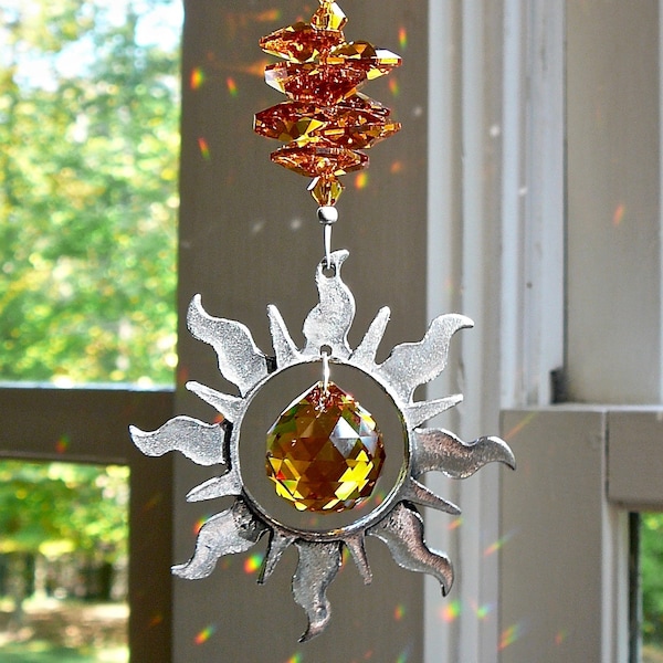 Crystal Pewter Sun Suncatcher for Car Mirror or Home Window in Clear or Topaz, Made with Swarovski Crystals - "SOL II"