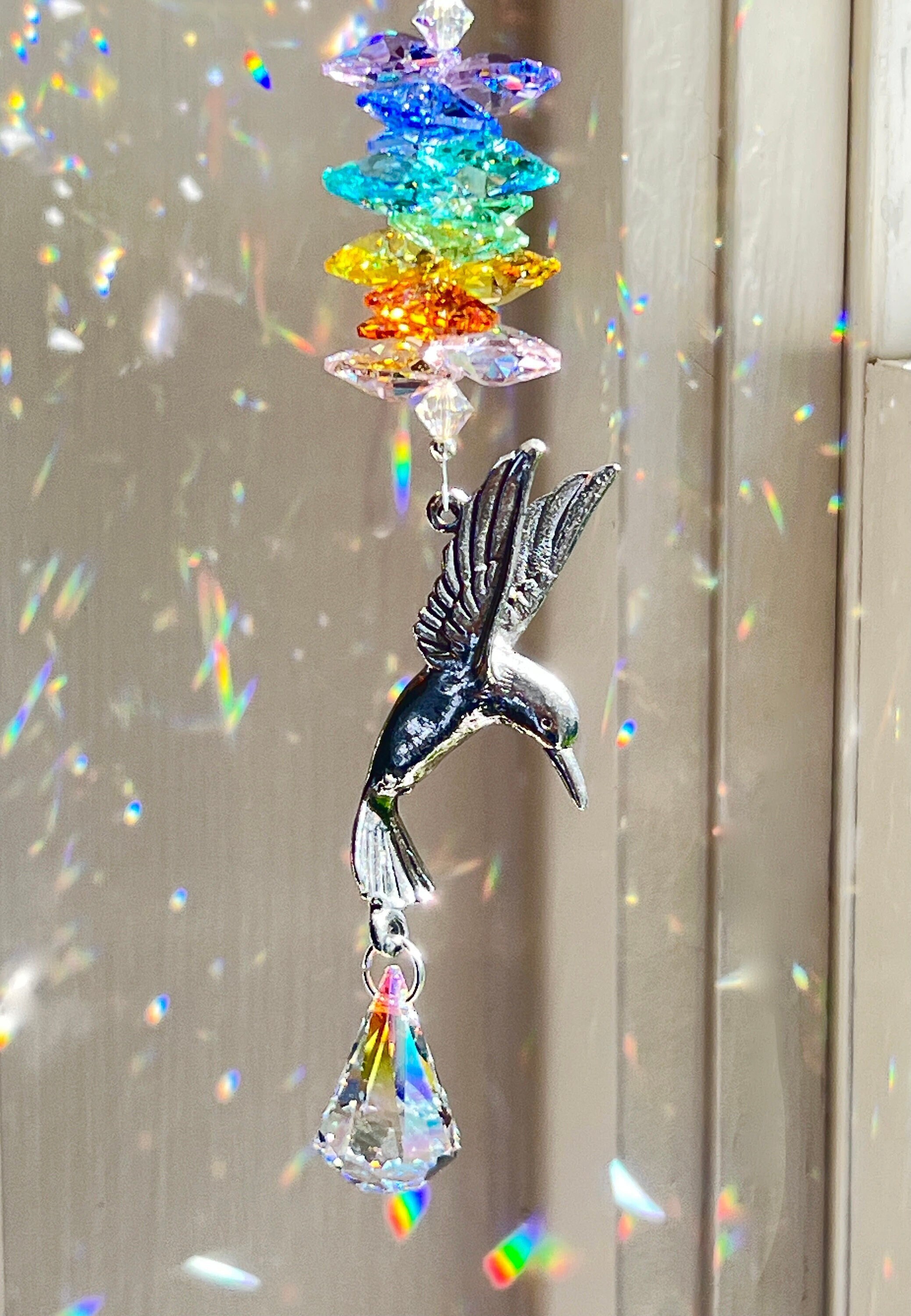 Hummingbird Charm w/rainbow beaded artwork for decor ornament /rear view  mirror-The Enchanted Forrest