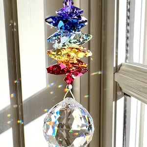 Swarovski Crystal Rainbow Suncatcher Made Entirely with Swarovski Crystals, 30mm Crystal Ball with Rainbow Octagons - "NAMASTE"