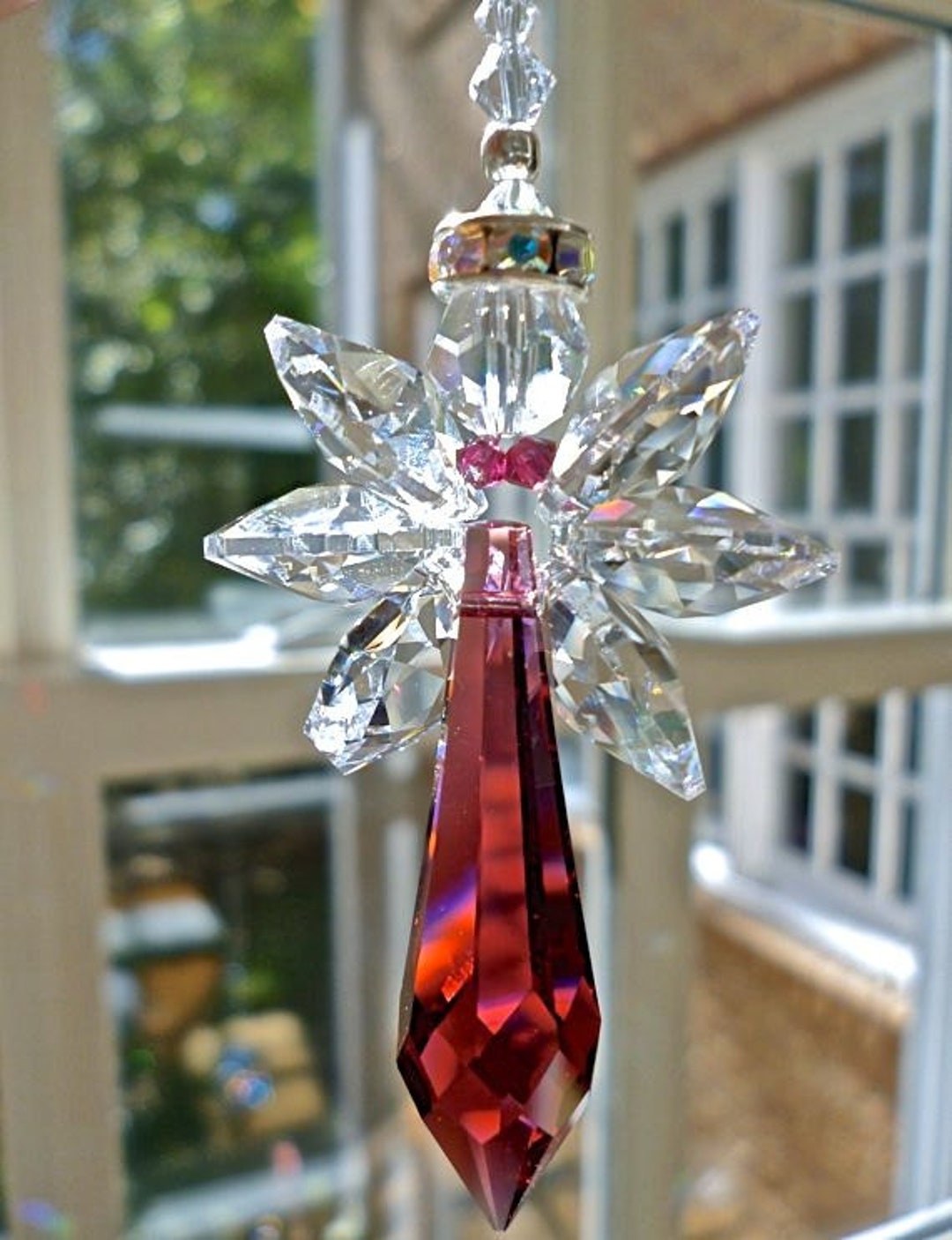 Guardian Angel Car Charm in Red, Made With Swarovski Crystals, Hanging