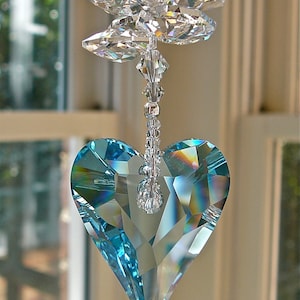 Aquamarine Crystal Heart Suncatcher, Prism, Window Decor, Made Entirely with Swarovski Crystals - "THERESA BLUE"