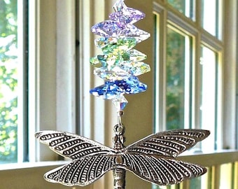 Dragonfly Suncatcher, Made w/ Pewter Dragonfly, Swarovski Crystals and AB Swarovski Crystal Ball, Window Sun Catcher - "CAMILLA"