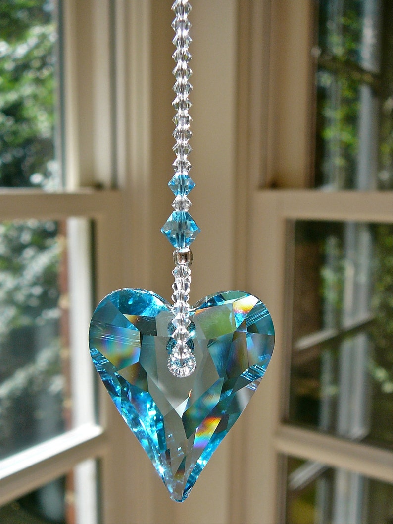 Blue Crystal Heart Suncatcher Window Hanger Ornament for Etsy