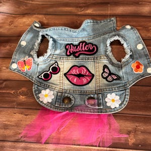May include: A light blue denim dog vest with patches including sunglasses, a butterfly, a flower, and a pair of lips. The word "Hustler" is embroidered on the vest. A bright pink tulle skirt is attached to the bottom.