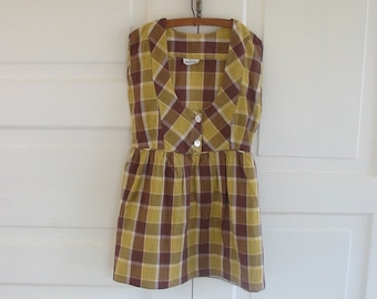 Vintage Plaid Girl Dress, Vintage Yellow Brown Girl Dress, Size 6 Girl Dress, Girl Fall Yellow Brown Plaid Dress, Back to School Girl Dress