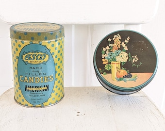 Pair Vintage Metal Tins, Biscuit Tins, Vintage Candy Tins, Green Metal Storage, Floral Tin, Polka Dot Tin, Pair Vintage Tins, Chocolate Tin