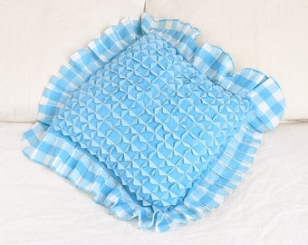 Vintage Aqua Pillow Cover, Blue Gingham Pillow Case, Vintage Pillow Case, Vintage Aqua Blue Pillow Cover, Vintage Girl Pillow, Quilted Cover