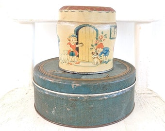 PAIR Vintage Metal Biscuit Tins, Metal Box, Aqua Tin, Vintage Candy Tin, Vintage Storage, Vintage Metal Tin, Vintage Cookie Tins, Child Tins