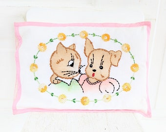 Vintage Embroidered Dog Pillow, Embroidered Pillow, Vintage Embroidered Cat Pillow, Vintage Child Baby Pillow, Vintage Nursery Pillow