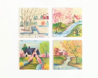 Small Vintage Four Seasons Paintings, Vintage Seasons Paintings, Small Spring Painting, Vintage Summer Painting, Small Fall Painting, Winter