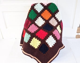 Vintage Granny Square Afghan, Vintage Blanket, Colorful Afghan, Granny Square Blanket, Vintage Throw, Vintage Colorful Afghan, Brown Afghan