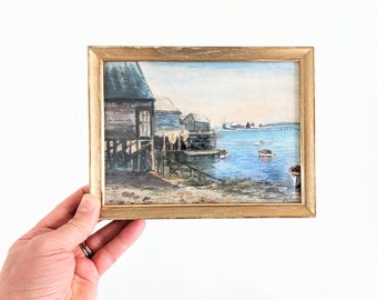 Small Vintage Ocean Painting, Small Vintage Bay Painting, Vintage Charcoal Drawing, Vintage Seaside Drawing, Vintage Dock Painting, Sailboat