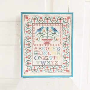 Vintage Cross Stitch Sampler, Vintage Embroidery, Vintage Alphabet Cross Stitch, Birds Cross Stitch Sampler, Colorful Sampler Cross Stitch